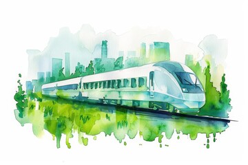 Naklejka premium This simple watercolor scene captures a highspeed train zipping through a landscape of green, energyefficient buildings, Clipart minimal watercolor isolated on white background
