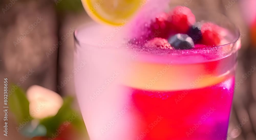 Poster spring or summer refreshing cold cocktail or mocktail with berries and lemon raspberry lemonade bein