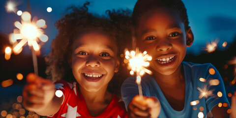 Two cheerful kids wearing red and blue clothes holding sparklers in garden at dusk on independence day, USA. July 4th celebration.