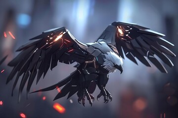 Naklejka premium A digital painting of a robotic eagle with a black and silver body