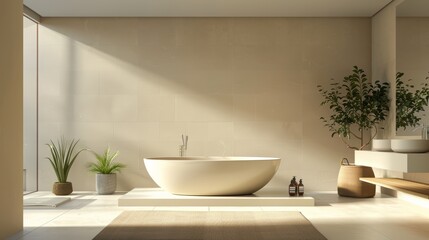 A minimalist bathroom design with a freestanding bathtub centered in a spacious layout, surrounded by neutral tones and natural elements