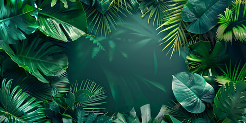 Tropical fresh jungle background luxurious tropical themed background with a circle accent copy space text Tropical leaves frame on a green background