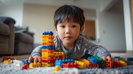 A boy playing with on a table. A playful child builds a colorful block tower.