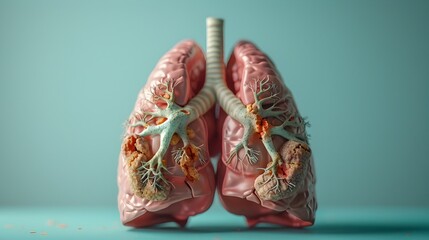 Detailed 3D Anatomical Model of Lungs Damaged by Tuberculosis in Muted Color Tones for Medical Infographic Design with Ample Copy Space