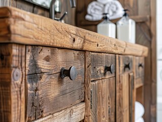 A close-up of a rustic wooden bathroom cabinet, emphasizing its sturdy construction and natural imperfections that add character to the space