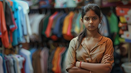 Fototapeta na wymiar Young indian saleswoman standing at clothing store. hyper realistic 