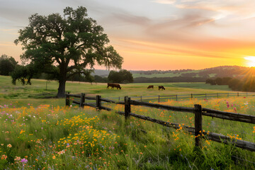 Sunset Serenity: Tranquil Landscape of Grazing Cattle in a Blooming Meadow Under an Oak Tree