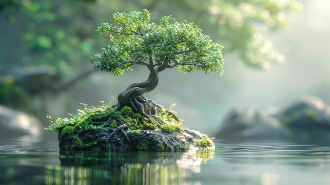 A tranquil bonsai tree, detailed and peaceful