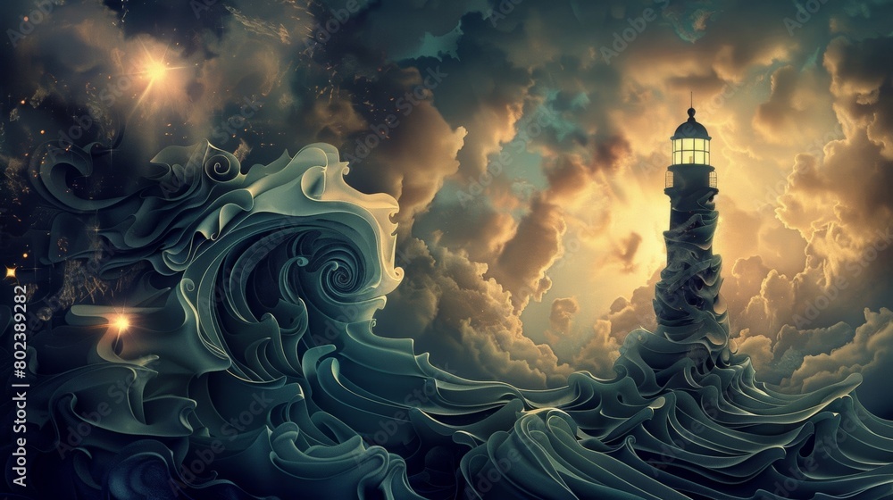 Poster a lighthouse surrounded by swirling waves and geometric shapes displaying the power and regularity o