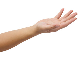 A helping hand with arm raised and reach out with palm up and finger spread isolated in white...