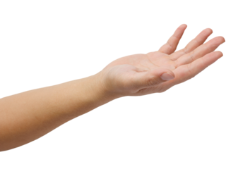 A helping hand with arm raised and reach out with palm up and finger spread isolated in white background. Concept of care, kindness and ready for help gesturing.