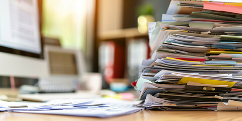 Piles of unfinished documents archives with clips on. Stack of paper files in office, business report paper. Lots of paperwork.