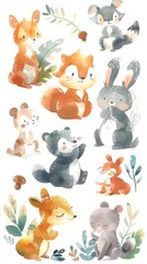 Naklejka premium Delightful Cartoon Animal Friends Explore Enchanting Woodland Scene