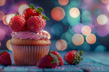 Cupcakes, Color Strawberries Cup Cake, Delicious Fruit Cupcakes on Blurred Bokeh Background