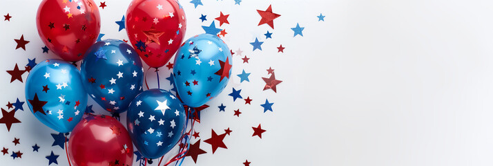 Blue, white and red balloons and stars confetti on a white background with copy space. Celebrating 4th of July banner.