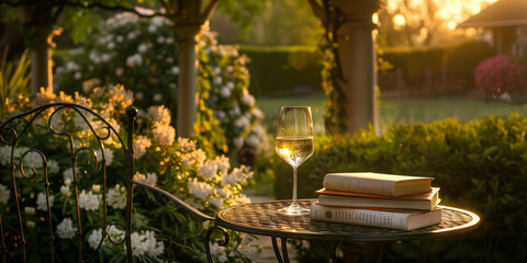 Charming garden gazebo with a small table, a glass of white wine and a stack of books providing the perfect setting for an afternoon read. - obrazy, fototapety, plakaty