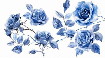 A painting of blue roses on a white background. Suitable for various design projects