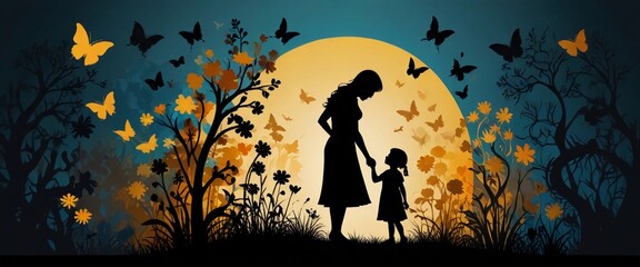  "Celebrate maternal love with our Family Paper Cut Silhouette Background. Serene colors & delicate cutouts depict a mother & child in tender embrace." Digital Artwork ar 2:39:1.
