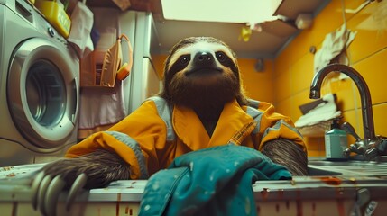 Fototapeta premium Sloth in Cleaner Uniform Working Diligently in Household Setting with Appliances and Natural Light
