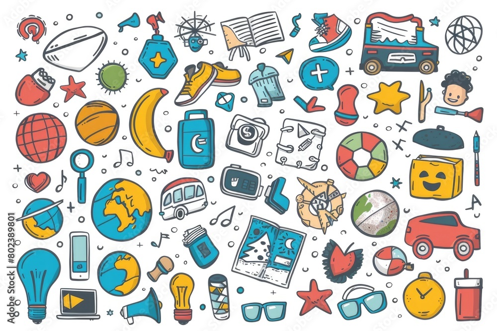 Poster assorted colored doodles on a clean white backdrop, suitable for various design projects