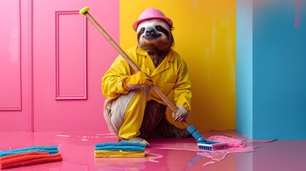 Fototapeta premium Surreal of a Sloth Cleaner Working with Cleaning Mob on Vibrant Colorful Background