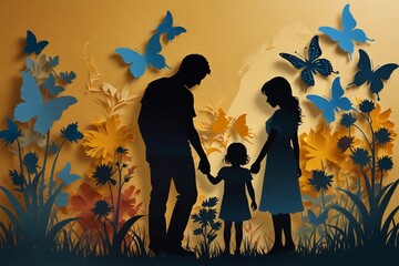 "Express warmth with our Family Paper Cut Silhouette Background. Mother & child silhouettes amidst paper butterflies & flowers, a perfect canvas." Digital Artwork ar 3:2
