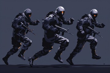 A group of soldiers running with weapons. Suitable for military or action-themed projects