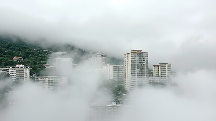 A foggy cityscape with tall buildings and a mountain in the background
