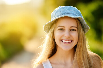 Girl, portrait and confident smile in outdoor, travel and spring for health or wellness in garden....