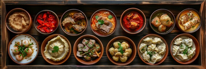 Asian Dishes Set, Azerbaijani Dumplings Giurza with Lamb Meat and Mutton Fillet in Ceramic Bowls