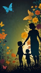 "Cherish moments with our Family Paper Cut Silhouette Background. Hand in hand, surrounded by paper flowers, it's perfect for heartfelt messages." Digital Artwork ar 9:16
