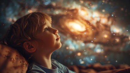 A Wonder-Filled Gaze: Exploring the Enchantment of a Galaxy Through a Child's Eyes Amidst the Splendor of a Luminous Starry Night.