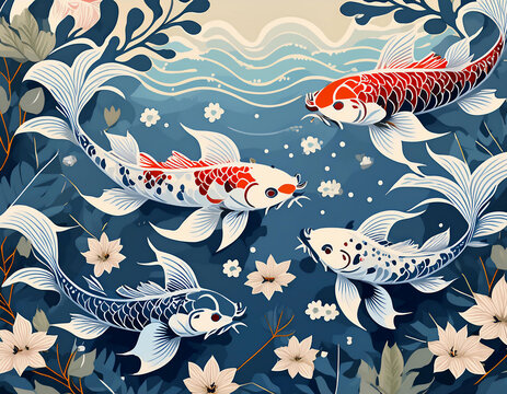 oriental tropical painting of koi carp fish background underwater seascape background wallpaper
