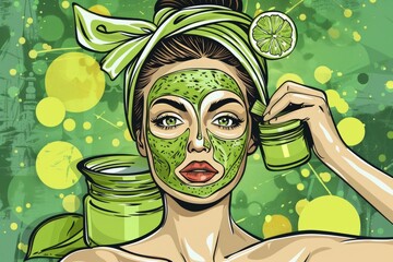 A woman with a green mask on her face. Suitable for beauty and skincare concepts