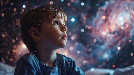 A Wonder-Filled Gaze: Exploring the Enchantment of a Galaxy Through a Child's Eyes Amidst the Splendor of a Luminous Starry Night.