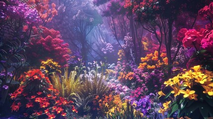 Vibrant field of flowers in a forest, perfect for nature-themed designs