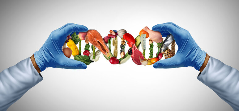 Food science and Balanced Diet genetic biology as Nutrition sciences as a nutritionist or scientist with nutrients with a food DNA strand as a dietary health concept for wellness.