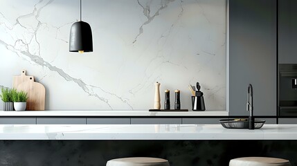 Close-Up of Marble Kitchen Bench Black Pendant Light Fixture