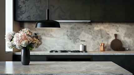 Close-Up of Marble Kitchen Bench Black Pendant Light Fixture