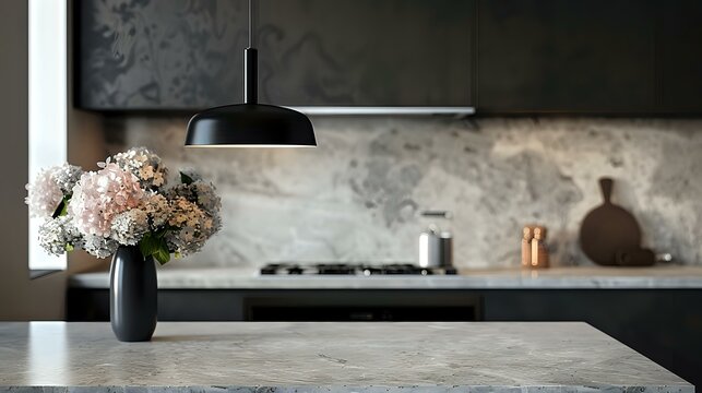 Close-Up of Marble Kitchen Bench Black Pendant Light Fixture