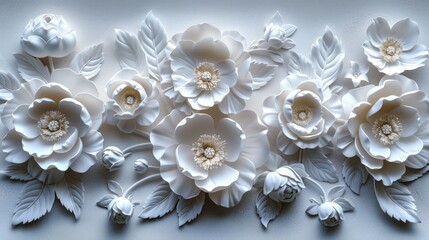Beautiful bas-relief image of flowers and leaves, done in white on a light background.