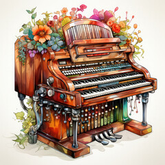 Watercolor Hammond B3 Organ Illustration, Generative Ai