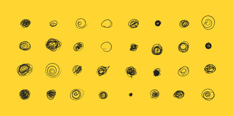 Set of hand drawn doodle circles in a grunge style. Yellow background. Scribble doodle circle and point. Collection black shapes dots and drops. Vector illustration for bullet journal.