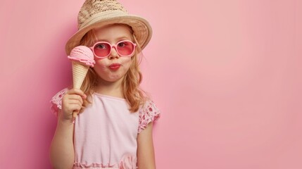the girl eats ice cream on a colored background