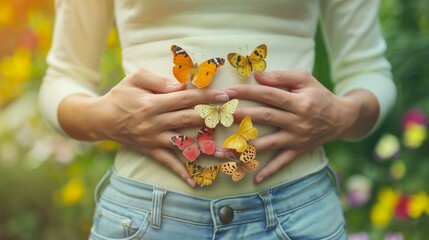 Butterflies in stomach, woman holding butterflies on her stomach, fun togetherness season plant family