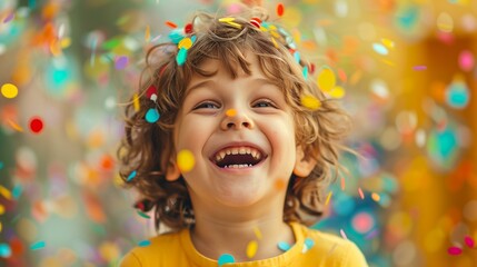 Bursting with joy, excitement, happy little boy with confetti on his head, birthday laughing enjoyment humor playful