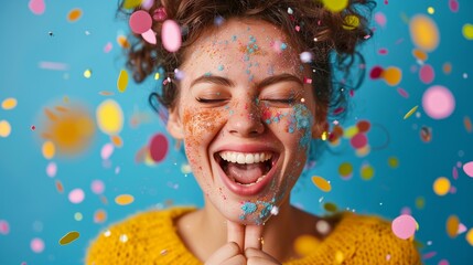 Bursting with joy, excitement, woman with confetti on her face, party beauty falling lifestyle playful