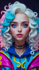 Colorful vivid portrait of a beautiful glowing woman with wavy hair wearing vibrant jester clothes