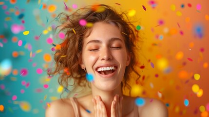 Bursting with joyб excitement, happy woman with confetti on her face, eyes closed portrait party lifestyle birthday
