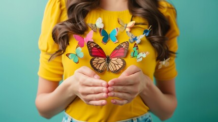 Butterflies in stomach, woman holding colorful butterflies in her hands, cute insect creativity vibrant color small